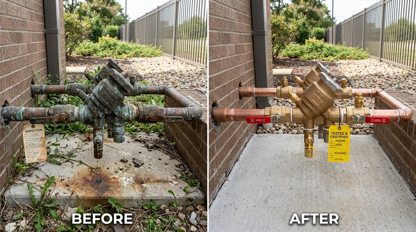 Before and after backflow testing repair and replacement by Resort Anah Plumbing in Anaheim CA — corroded assembly replaced with USC-approved unit