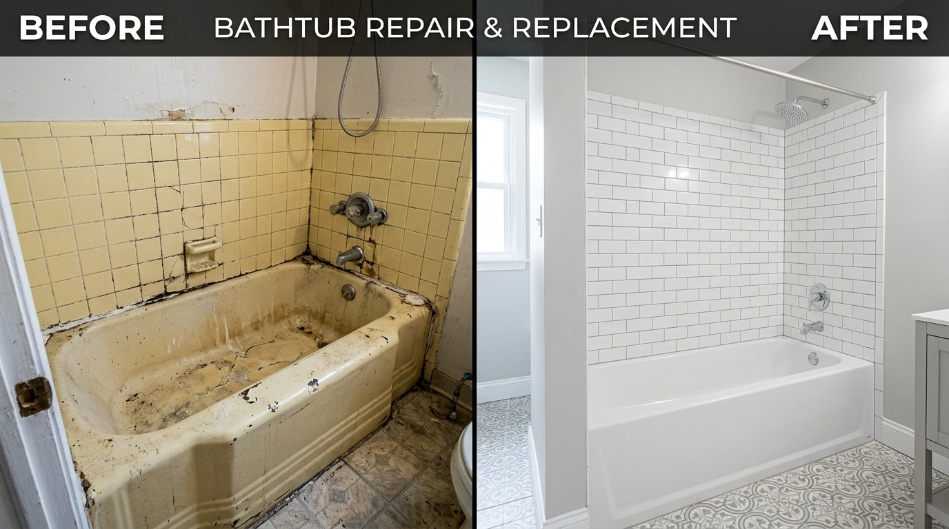 Before and after bathtub replacement in Anaheim CA by Resort Anah Plumbing — showing corroded steel tub removal, subfloor repair, waterproofing membrane, and finished acrylic tub installation with tile surround