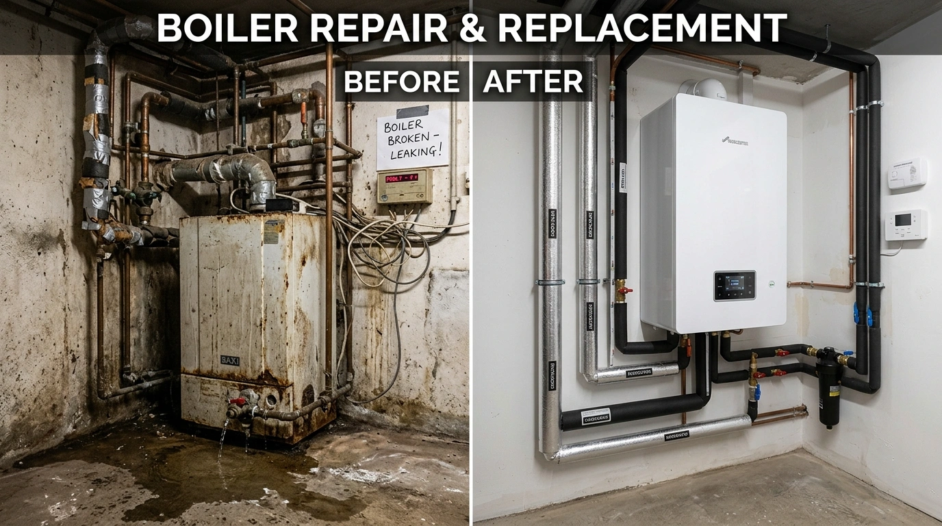 Before and after boiler replacement in Anaheim CA by Resort Anah Plumbing — scaled copper fin-tube boiler replaced with a commissioned stainless condensing plant