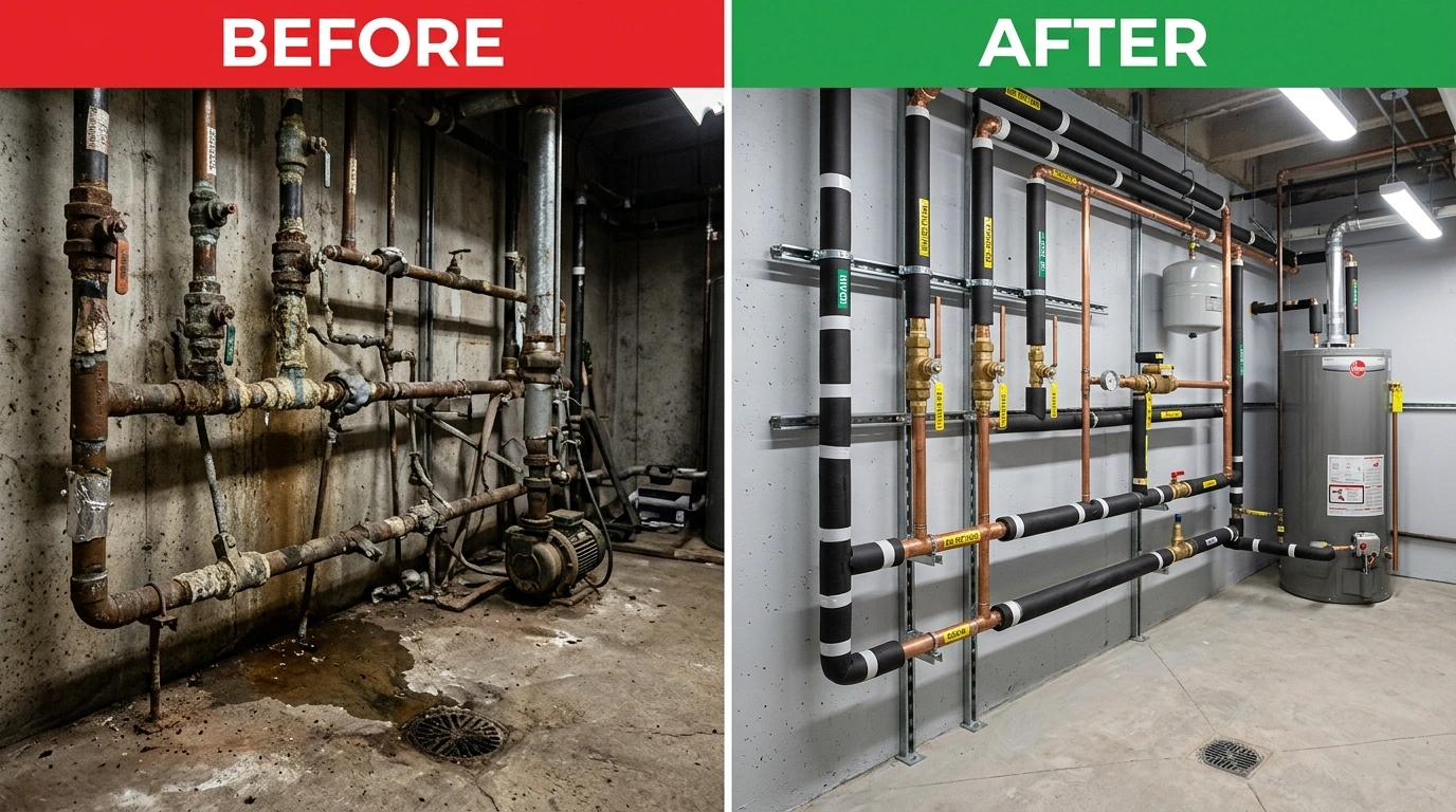 Before and after commercial plumbing repair project by Resort Anah Plumbing in Anaheim CA showing grease-coated lateral restored to full diameter
