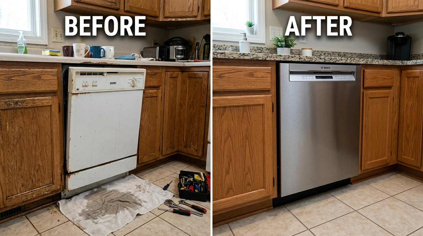 Before and after dishwasher repair and replacement showing corroded supply lines replaced with braided stainless steel, knockout plug removal, air gap installation, and code-compliant drain hose routing — Anaheim CA by Resort Anah Plumbing
