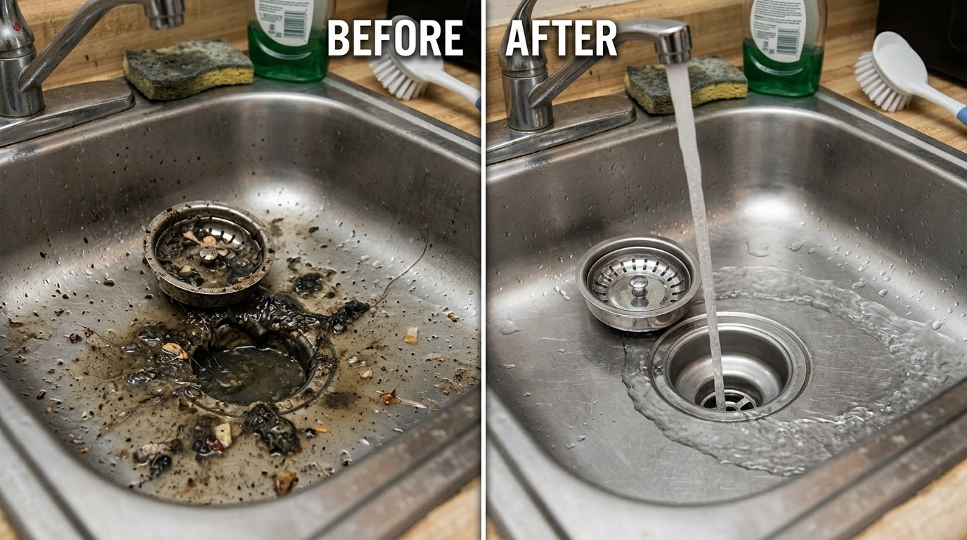 Before and after drain cleaning service in Anaheim CA - grease-clogged pipe restored to full diameter by Resort Anah Plumbing