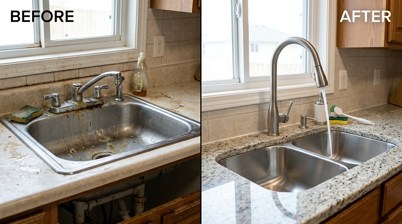 Before and After Faucet and Sink Repair and Replacement by Resort Anah Plumbing in Anaheim CA — corroded fixture replaced with code-compliant lead-free faucet, new shutoff valves, and braided stainless supply lines