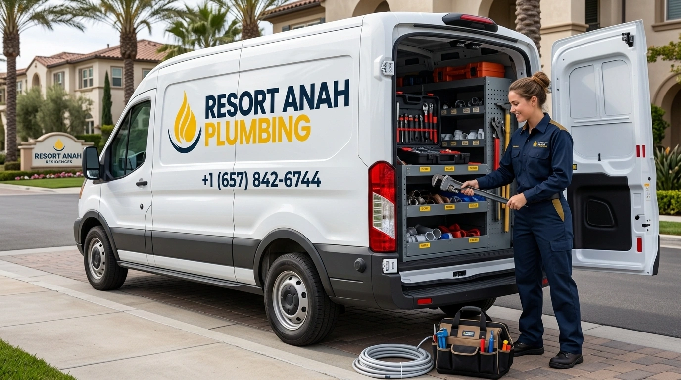 Fully loaded Resort Anah Plumbing service van ready for emergency dispatch in Anaheim CA