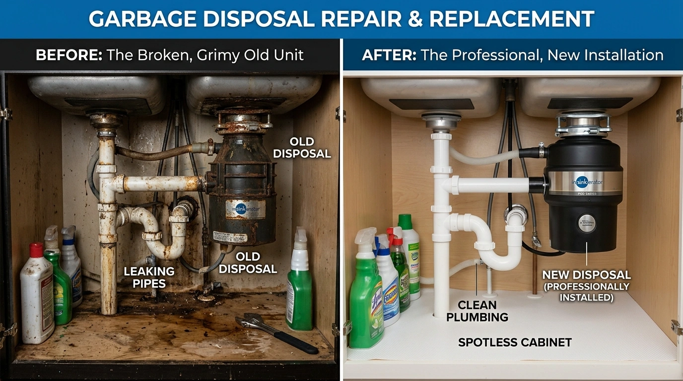 Before and after garbage disposal repair and replacement by Resort Anah Plumbing in Anaheim, CA — showing a rusted, leaking disposal replaced with a properly sized stainless unit and clean drain connections