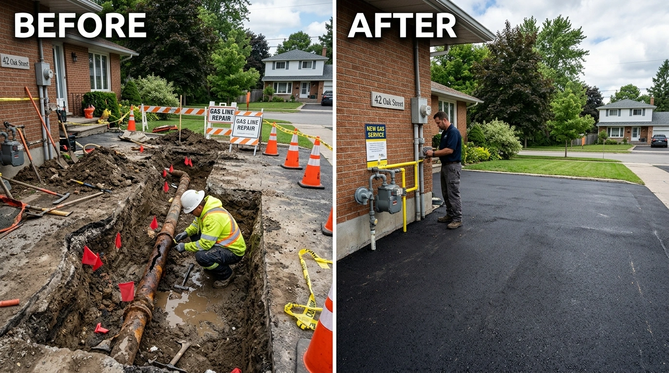 Before and after gas line repair and replacement in Anaheim CA showing corroded black iron pipe replaced with new code-compliant piping by Resort Anah Plumbing