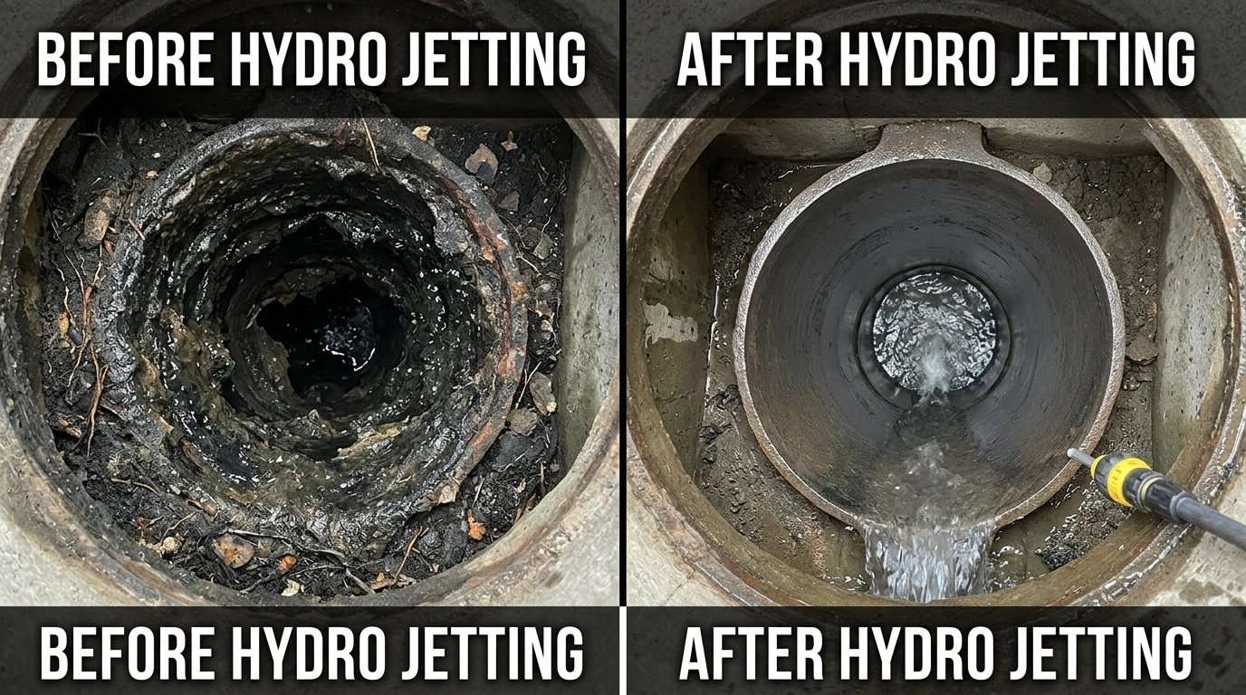 Before and After Hydro Jetting Drain Cleaning in Anaheim CA — Pipe Interior Before and After High-Pressure Cleaning by Resort Anah Plumbing
