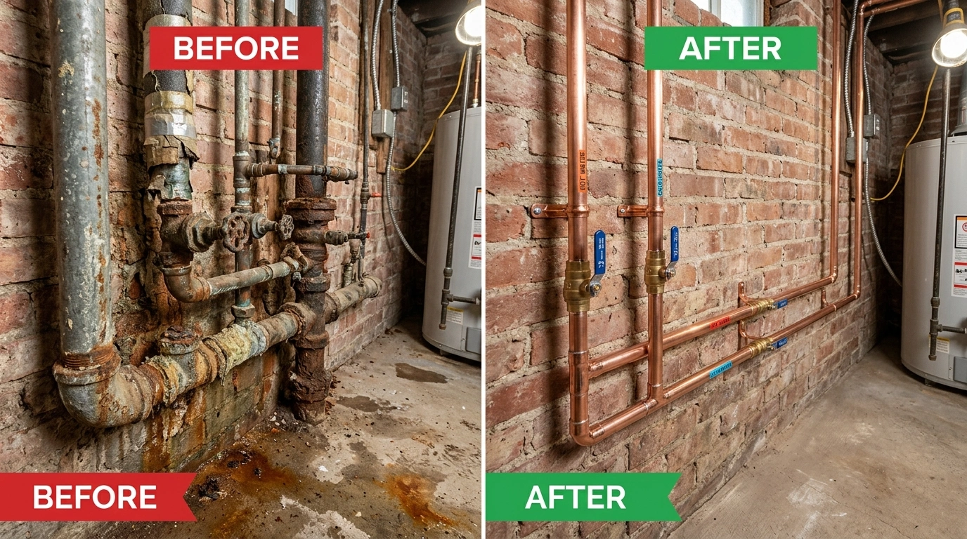 Before and After Pipe Repiping Repair and Replacement in Anaheim CA - corroded galvanized pipes replaced with new PEX-A piping system by Resort Anah Plumbing