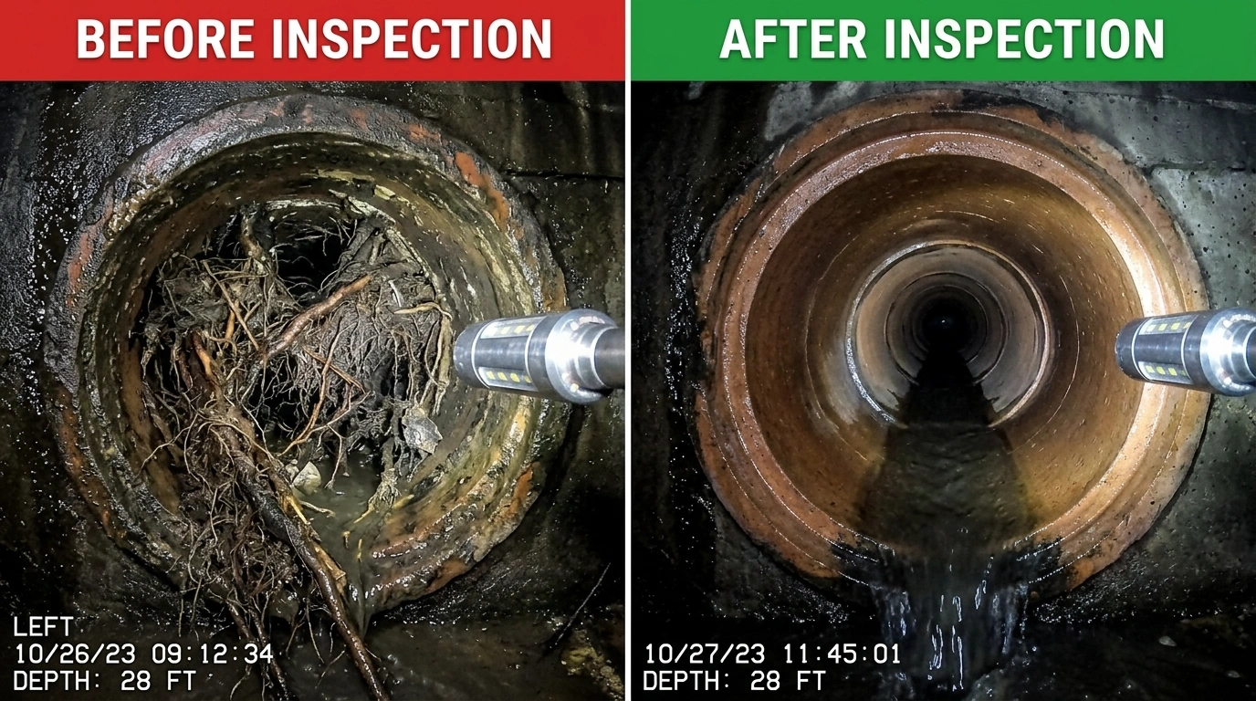 Before and after sewer camera inspection results in Anaheim CA showing pipe condition comparison by Resort Anah Plumbing