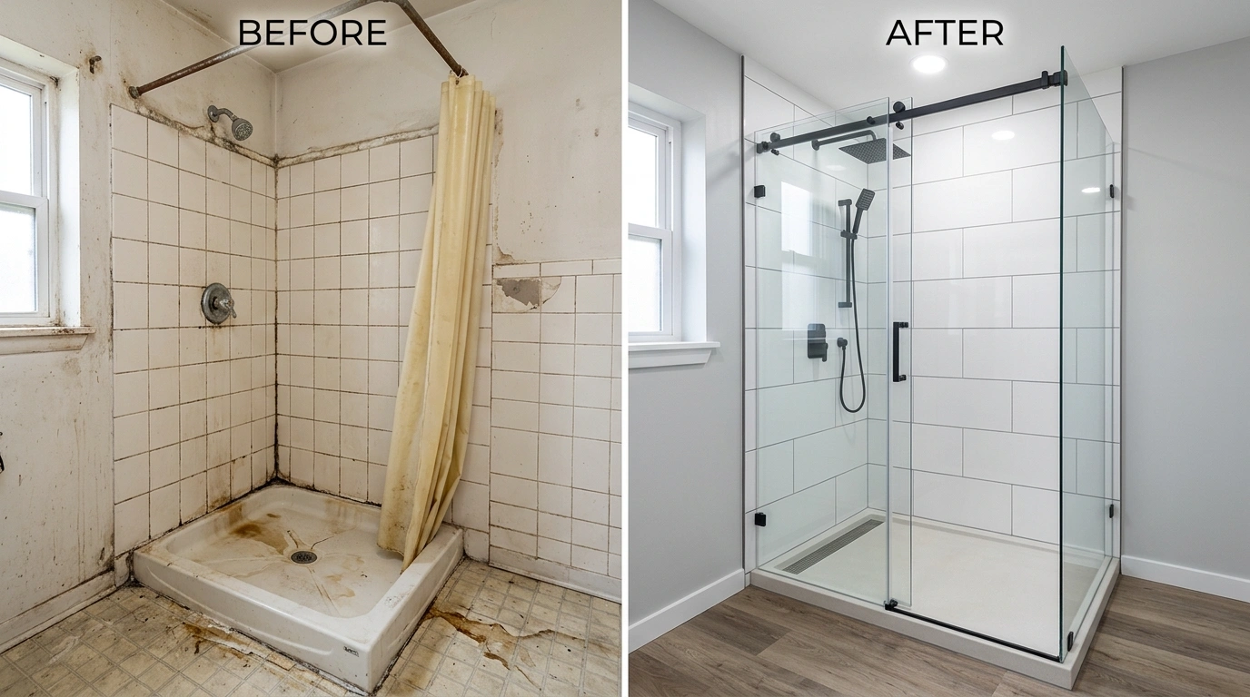 Before and after shower repair and replacement in Anaheim CA by Resort Anah Plumbing — restored shower valve, drain, and surround