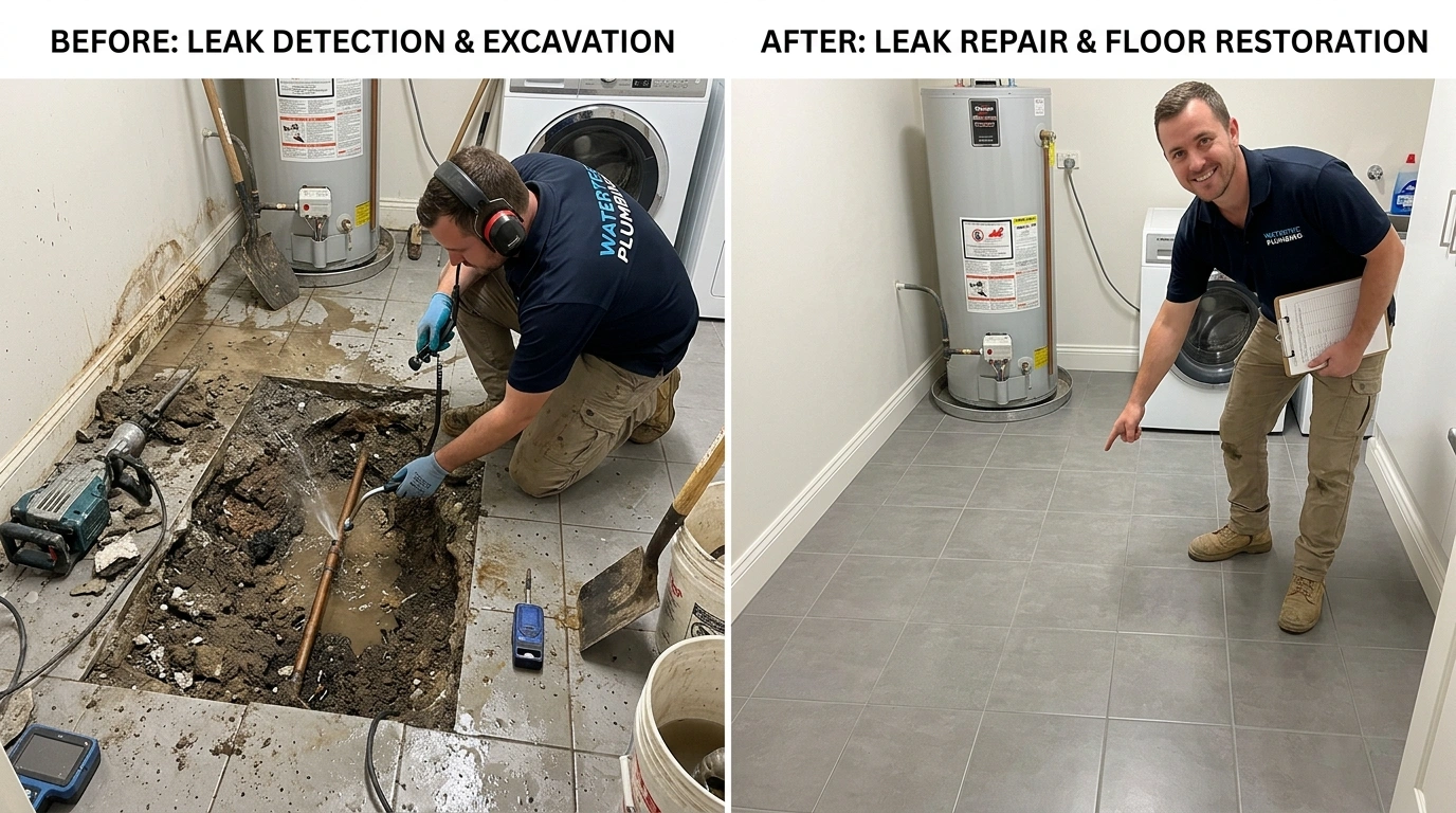 Slab Leak Detection Before and After Results by Resort Anah Plumbing in Anaheim CA - showing foundation damage repair and restored concrete slab