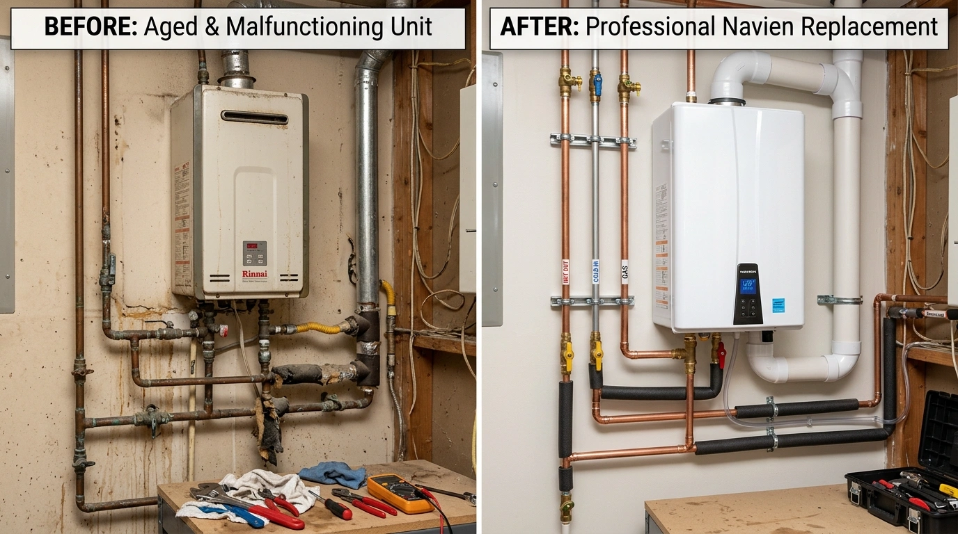 Before and after tankless water heater repair and replacement in Anaheim CA by Resort Anah Plumbing