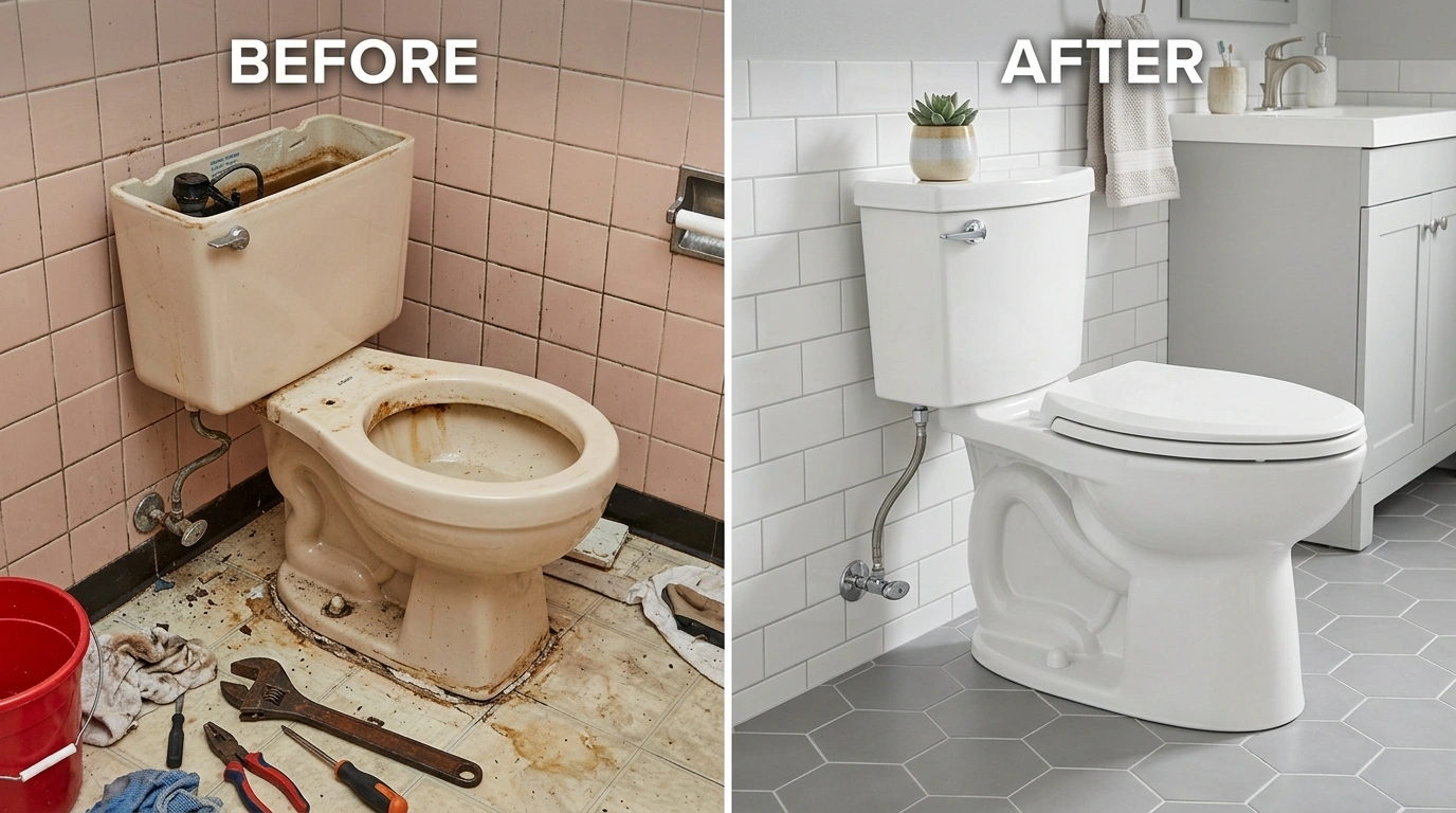 Before and after toilet repair and replacement results by Resort Anah Plumbing in Anaheim CA showing professional wax ring replacement, floor flange repair, and WaterSense toilet installation