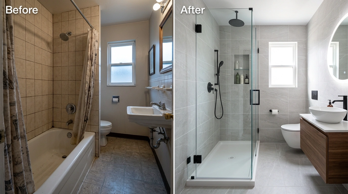 Tub-to-Shower Conversion Before and After — Resort Anah Plumbing in Anaheim CA showing a bathtub removed and replaced with a custom tile walk-in shower with frameless glass door