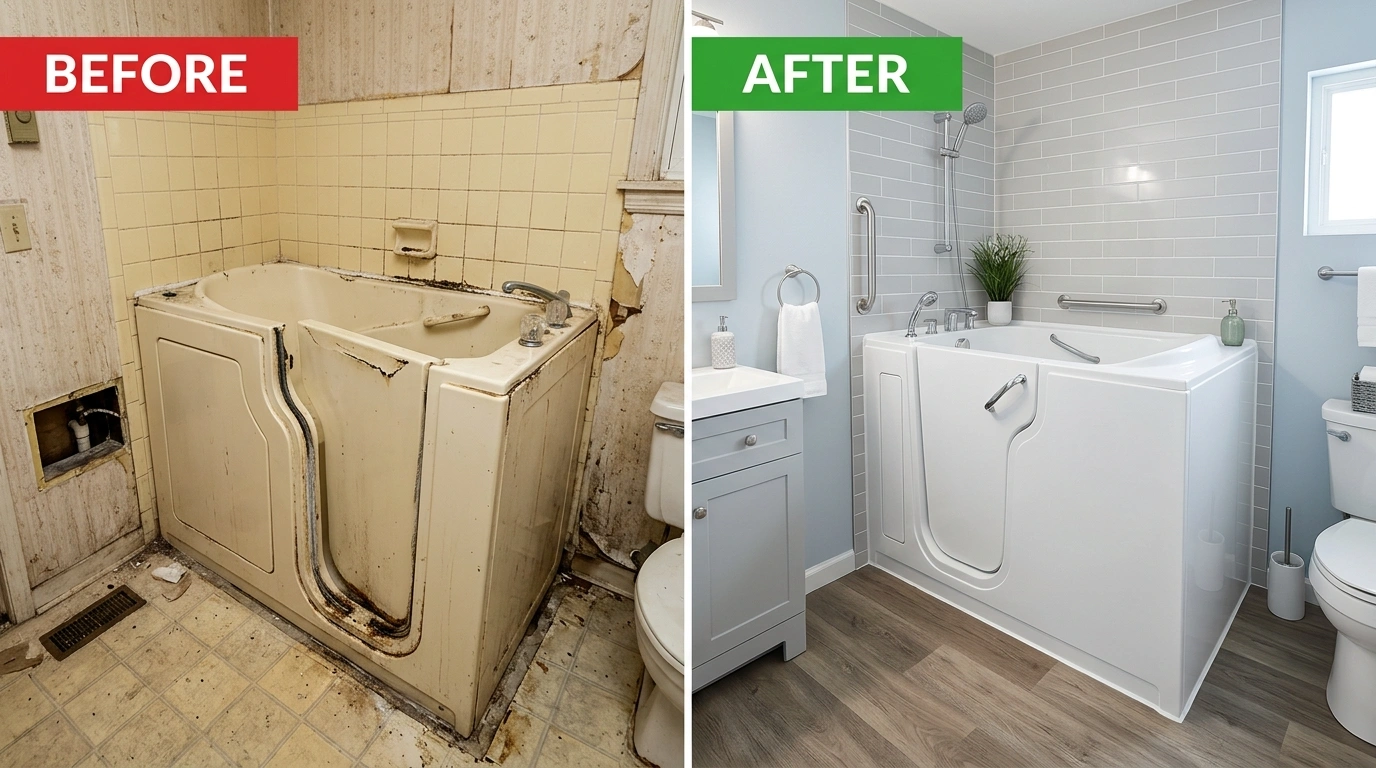 Walk-In Tub Repair and Replacement Before and After by Resort Anah Plumbing in Anaheim CA - Door Seal, Jet System, and Full Tub Restoration Results