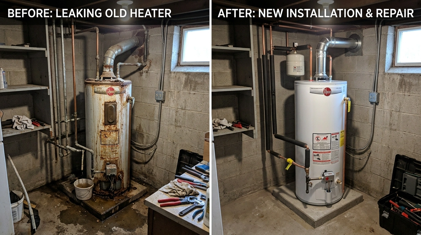 Before and after water heater repair and replacement by Resort Anah Plumbing in Anaheim CA — corroded tank replaced with new California code-compliant installation including seismic strapping and expansion tank